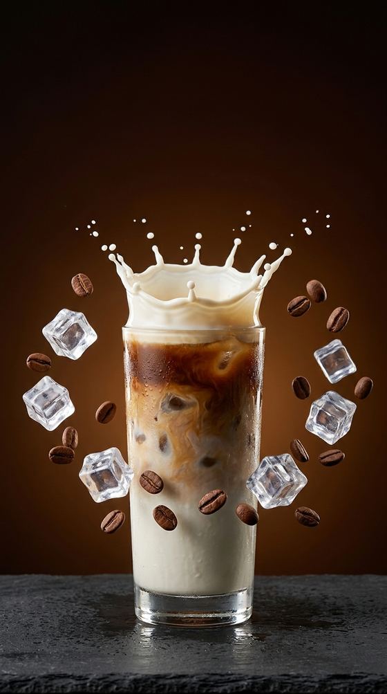 Iced latte with coffee beans and ice flying around the glass