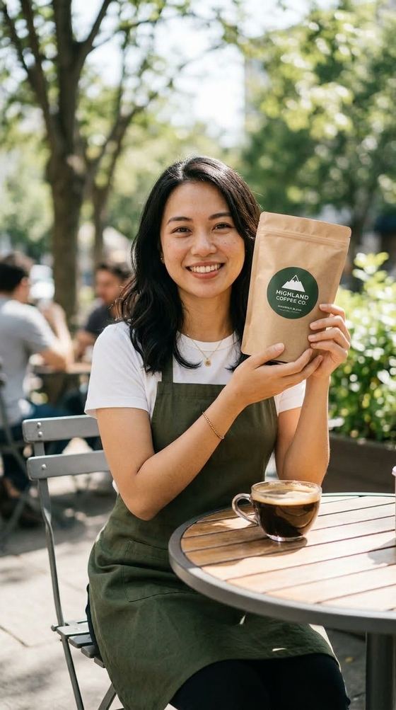 The same barista holding the café's coffee pouch